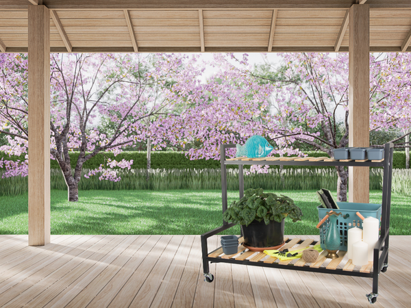 Parterre en bois pour fleurs en pot étagère à deux étages sur roues terrasse