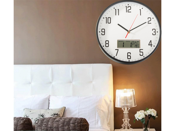 Horloge murale grand silencieux 30cm aiguille ronde date température bois