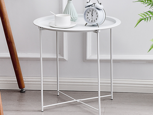 Mesa de centro redonda plegable de metal con bandeja para balcón terraza loft blanco