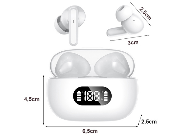 Bezdrátová sluchátka do uší bluetooth s nabíjecím pouzdrem s led diodami a mikrofonem