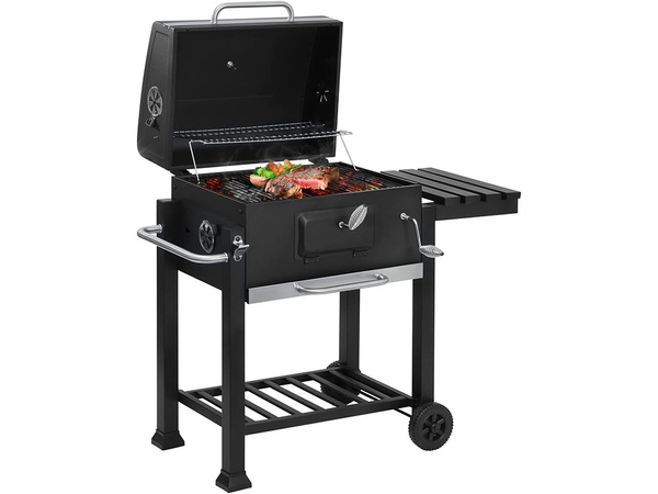 Faszenes kerti grill két rács hőmérő fedél polc polc hamutál nagyméretű