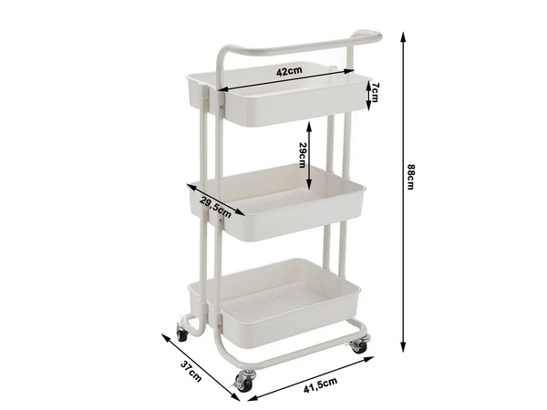 Bathroom shelf, kitchen cabinet, mobile rack on wheels, 3 levels, white