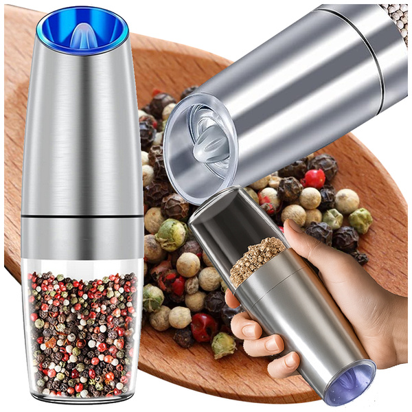 Electric gravity pepper and salt mill with lighting and adjustment