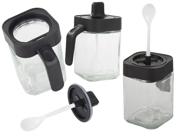 Glass spice containers with food spoon set of 3 pieces