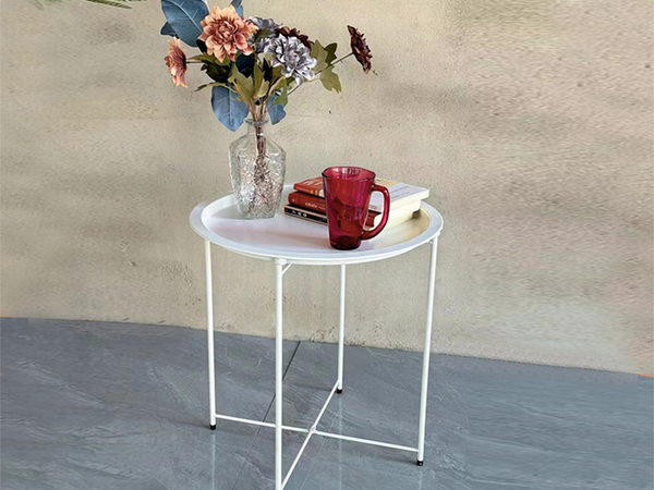 Stolik okrągły kawowy metalowy składany z tacą na taras balkon loft biały