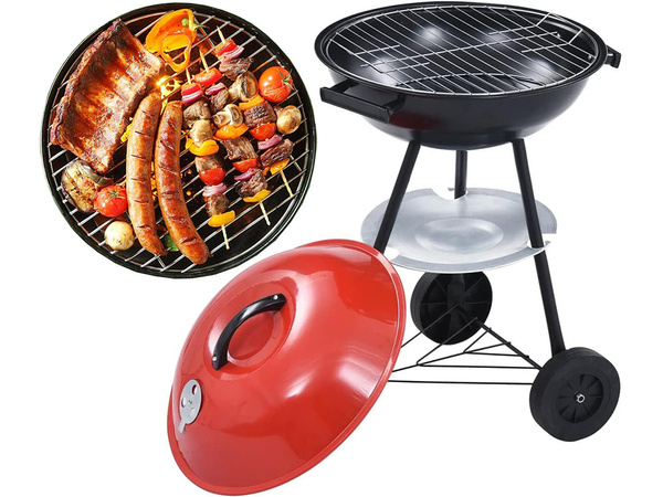 Charcoal garden briquette grill wheels round lid lockable portable