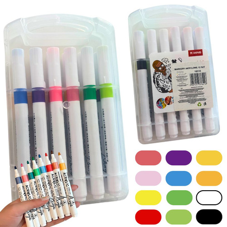 ACRYLIC MARKERS 12 PCS COLOUR FOR GLASS PLASTIC METAL WOOD + CASE