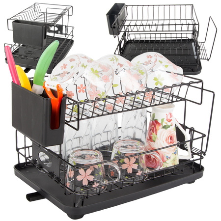 Two-level dish dryer for plates, cutlery and cups with drip tray