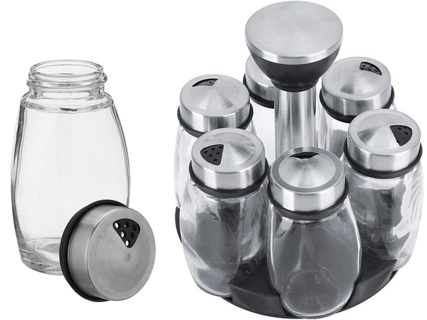 Spice organiser rotary glass containers 6 pieces spice salt