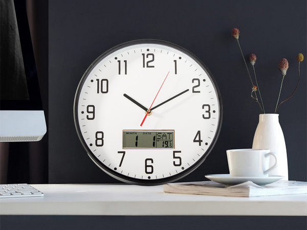 Sienas pulkstenis liels kluss 30cm apaļš rādītājs datums temperatūra koksne