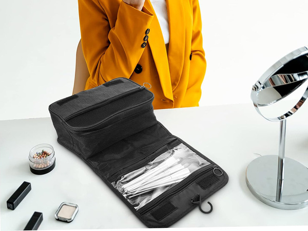 Neceser de viaje colgante con organizador para el baño, cierre con cremallera y asa.