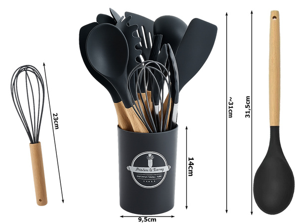 Ensemble d'ustensiles de cuisine en silicone et bois accessoires cuillères 12 pièces