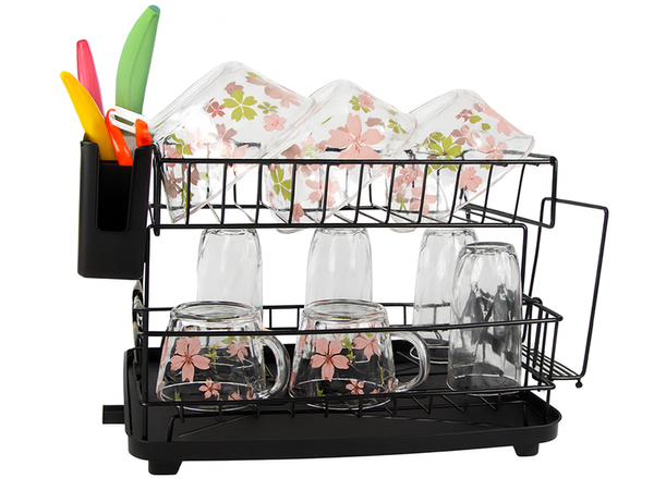 Dviem lygiu plokščių indų, stalo įrankių ir puodelių džiovintuvas su lašų surinkėju