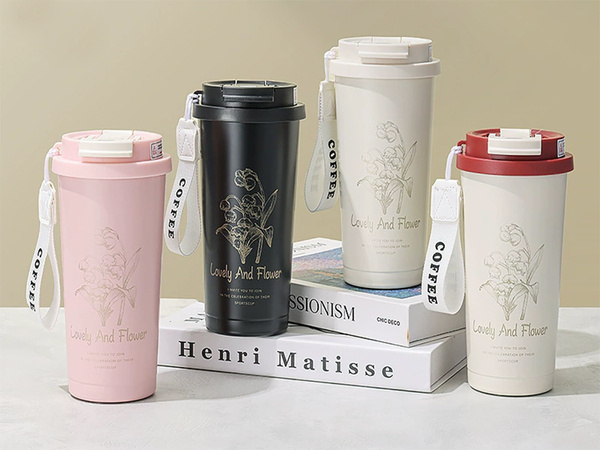 Tasse thermique 530 ml avec paille et poignée en acier, thermos pour boissons chaudes et froides