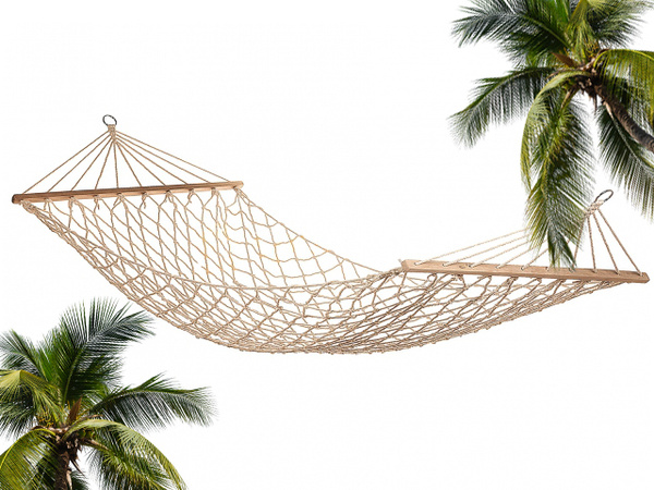 Garten hängematte seil netz hölzerne querbalken boho geflochten weiss