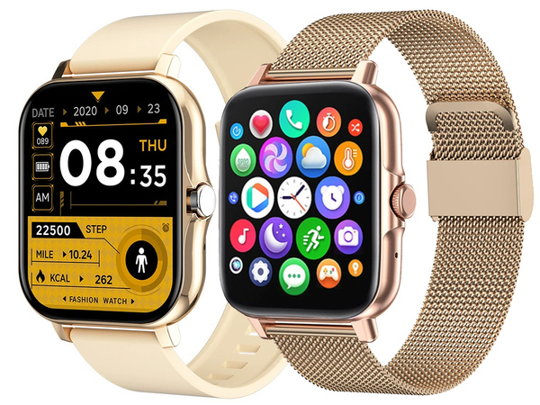 Reloj inteligente para mujer y hombre con correa de goma, deportivo, Bluetooth, llamadas, dorado