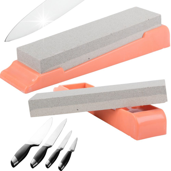 Stone sharpener for knives and scissors, double-sided, rectangular, on a base