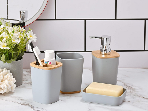 Badezimmer-set badezimmerbürste wc seifenspender abfallkorb bambus 5