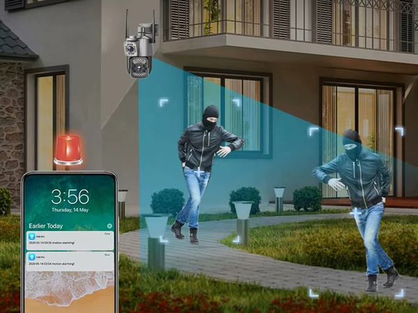 Cameră cu două obiective, Wi-Fi, pentru exterior, rotativă, cu detector de mișcare, IP, 4G