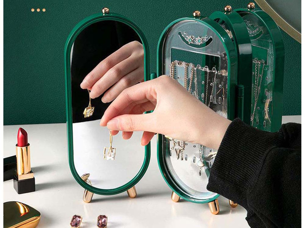 Ékszer szervező összecsukható koporsó kijelző tükör állvány zöld