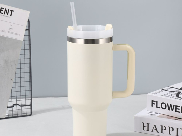 Großer Thermobecher 1,2 l mit Strohhalm und Stahlgriff, Thermoskanne für kalte und heiße Getränke