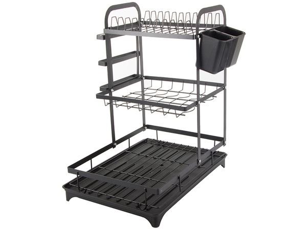 Two-level dish dryer for plates, cutlery and cups with draining tray