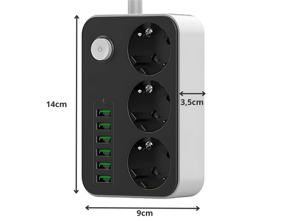 3-spot 250v 2m 6x usb laadija power plug