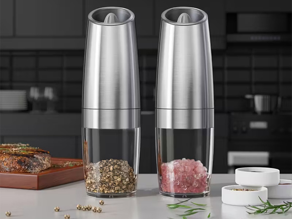 Electric gravity pepper and salt mill with lighting and adjustment