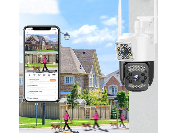 Cameră cu două obiective, Wi-Fi rotativ pentru exterior, detector de mișcare, IP