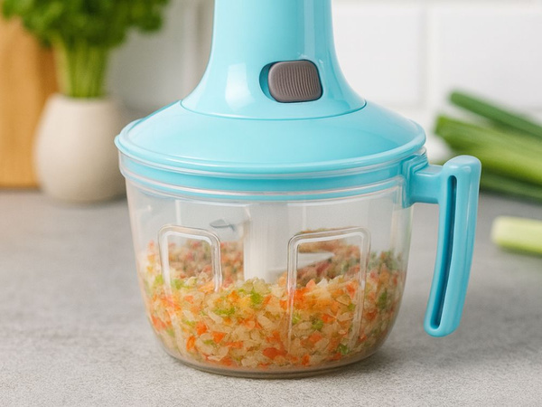Hand chopper for vegetables, fruit and meat kitchen mixer with 2-in-1 stirrer