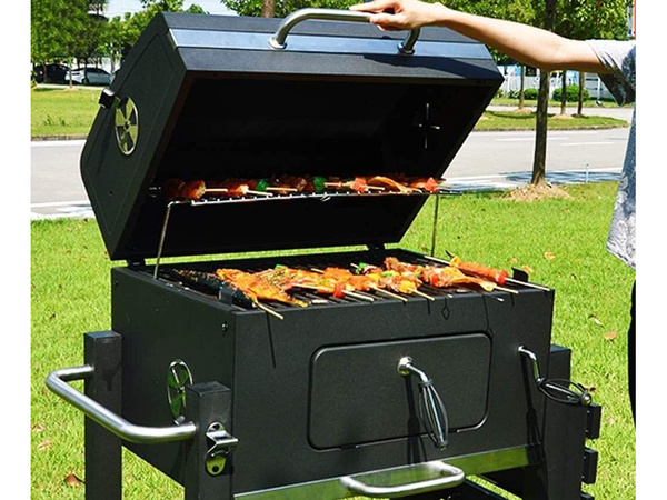Charcoal garden grill two grates thermometer lid shelf ash pan large