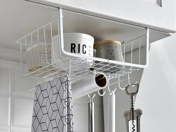 Metal basket under cabinet top 5 hooks paper holder