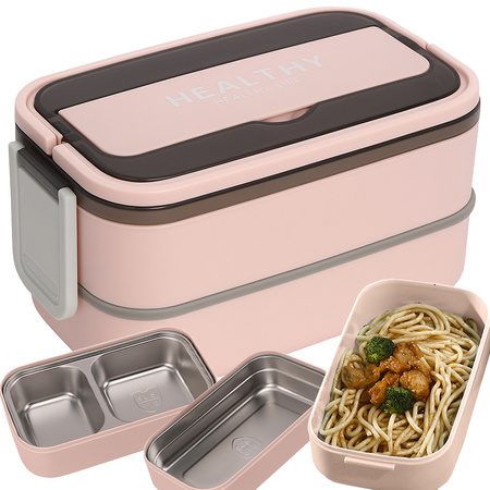 Breakfast box with compartments two-tier container xxl cutlery lunchbox 1400ml
