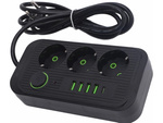 3 socket power plug 3 socket 250v 2m 4x usb 1x ucb-c