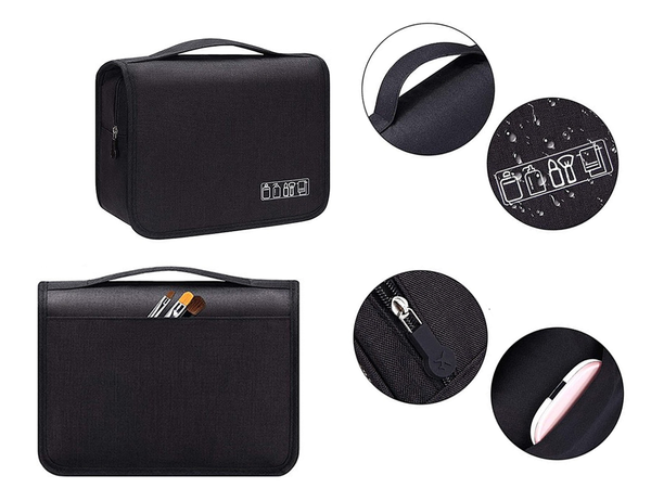 Cosmetic bag, hanging organizer for bathroom, with lock, hook and handle