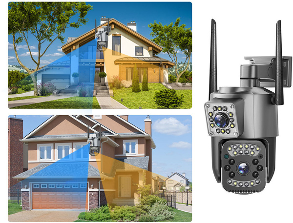 Cameră cu două obiective, Wi-Fi rotativ pentru exterior, detector de mișcare, IP