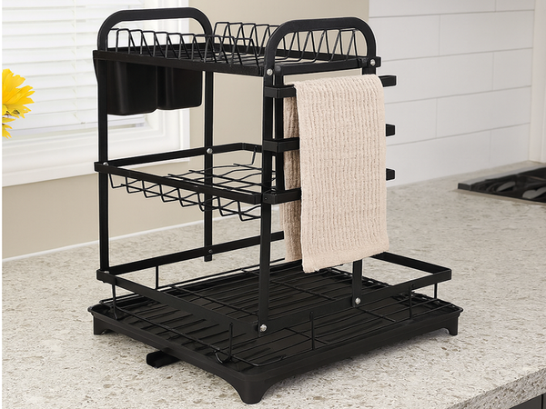 Séchoir à vaisselle pour assiettes, couverts et tasses à trois niveaux avec égouttoir et plateau