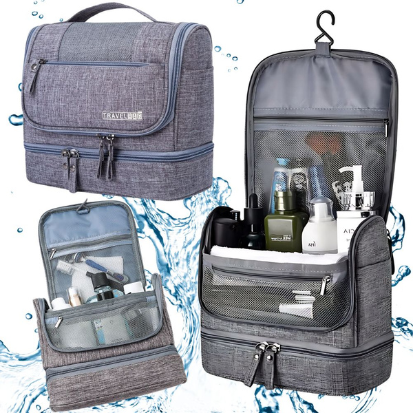 Travel cosmetic bag ogranizer with hook large unisex waterproof grey
