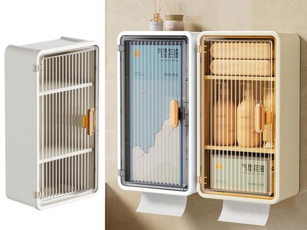 Wall-mounted bathroom shelf, 3 levels, doors, opening for tissues