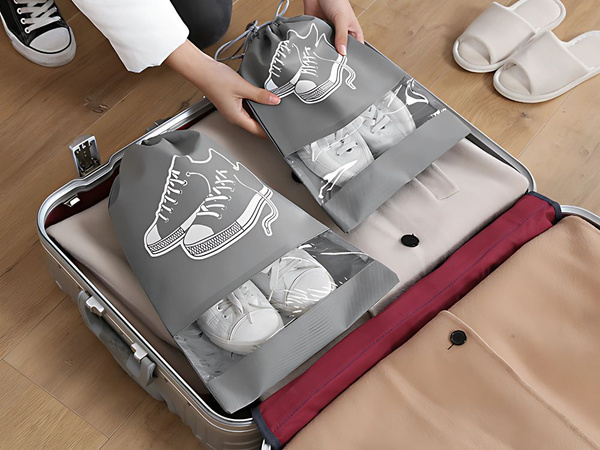 Shoe bag clothes storage bag travel with drawstring grey