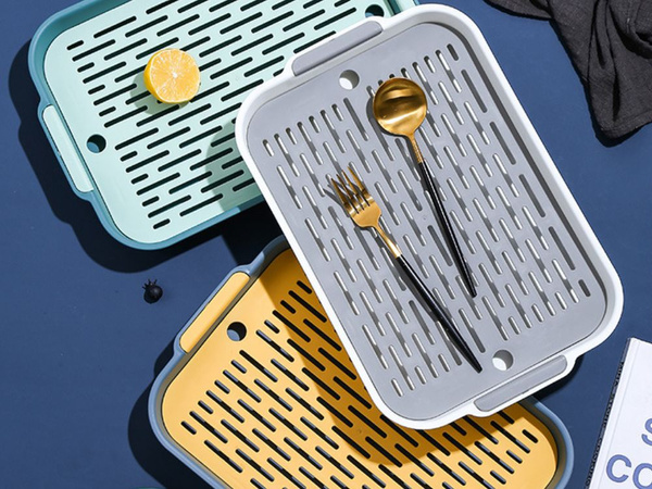 Dvijų sluoksnių virtuvės padėklas su nuotekų surinkėju indams, daržovėms, vaisiams, plastikui