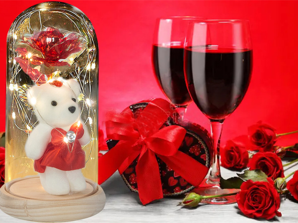 Rosa eterna en caja de cristal luminosa led regalo dia de la mujer