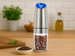 Electric gravity pepper and salt mill with lighting and adjustment