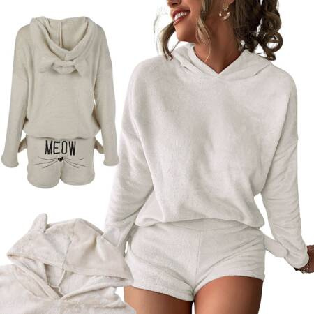 Warm women's pyjamas two-piece with hood soft plush short m