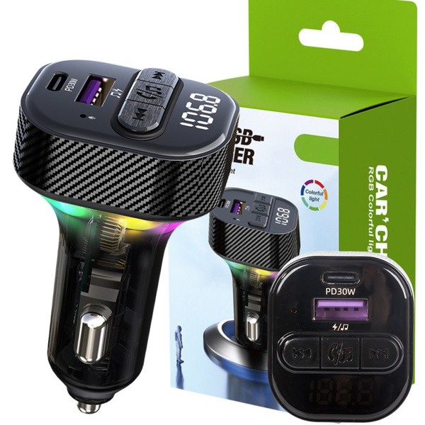 Car transmitter fm mp3/wma usb a+usb c 30w bluetooth 5.3 led qc 3.0