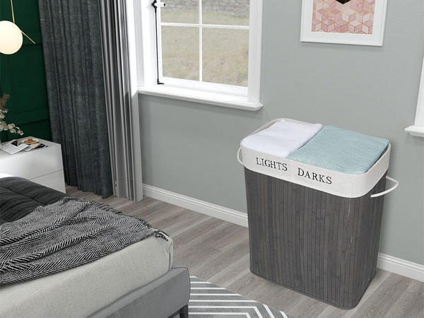 Bambus wäschekorb 2 fächer freistehend organiser behälter deckel