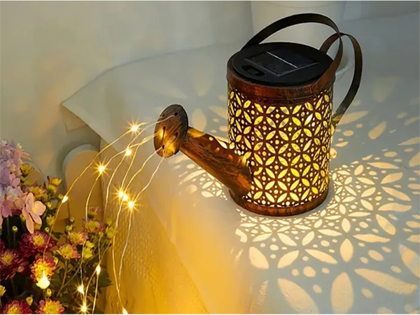DECORATIVE SOLAR LED LANTERN GARDEN WATERING CAN GARLAND TWILIGHT SENSOR