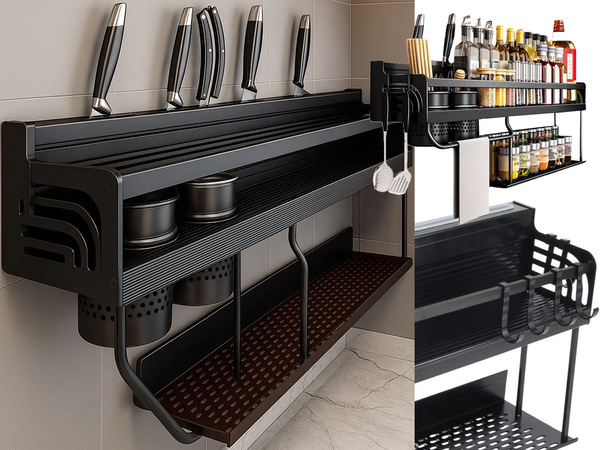 Wall shelf metal kitchen organiser for hanging utensils and spices