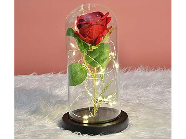 Örök rózsa üvegben piros ledes ajándék világító alkalomra nőknek