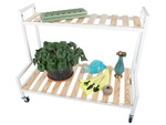 Dřevěný záhon pro hrnkové květiny dvoupatrový regál na kolečkách terasa